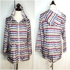 Atmosphere Women's White Tan Purple Stripes Roll-up Sleeve Hooded Windbreaker, S